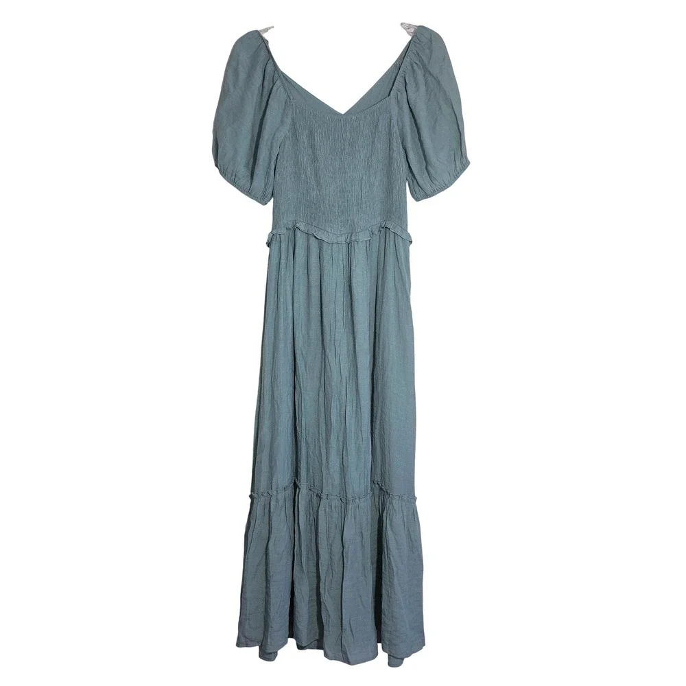 Ryan Michelle Midi Dress Womens Size Medium Sage Green Smocked Tiered EUC - Picture 5 of 8